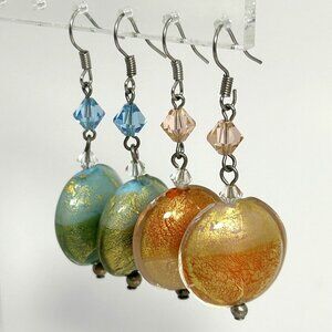 Lampwork Earrings Glass Disc 2 Pairs Gold Foil Dangle Aqua Amber Pierced